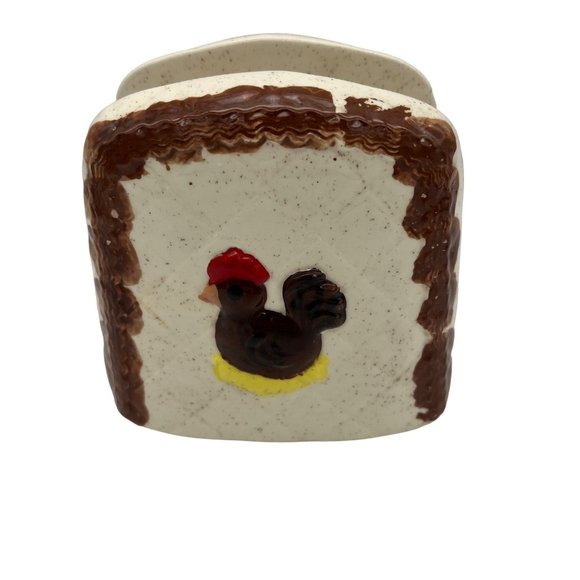 Vintage Hand Painted Chicken Themed Napkin Holder Ceramic 5" Tall White Brown - Picture 2 of 5